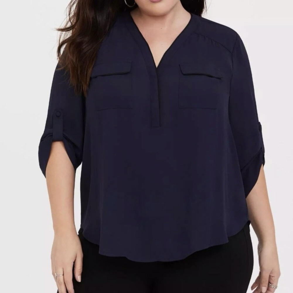 Torrid Harper Navy Blue Black Piping Georgette 3/4 Sleeve Pullover Blouse 3X